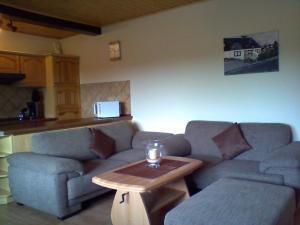 ein Wohnzimmer mit einem Sofa und einem Tisch in der Unterkunft Ferienwohnung-Jung in Bad Sachsa