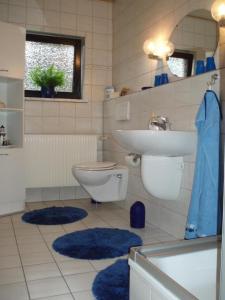 a bathroom with a sink and a toilet and blue rugs at Ferienwohnung-Jung in Bad Sachsa