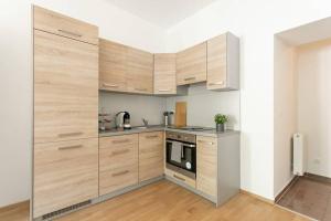 a kitchen with wooden cabinets and a stove at Studio-Apartment between Schoenbrunn & the City Center (13) in Vienna