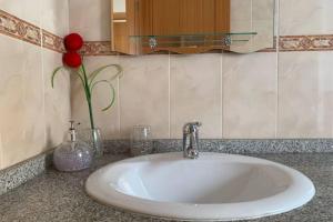 ein Waschbecken mit einer roten Blume in einer Vase in der Unterkunft Casa Da Villa in Vila Praia de Âncora + 17 Fotos