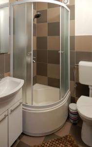 a bathroom with a shower with a sink and a toilet at Apartments Infinitas in Trogir