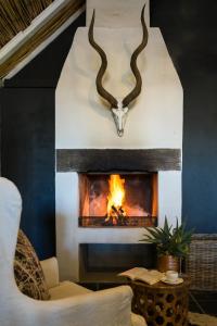 a fireplace with a antelope head on the wall at Sweetfontein Boutique Farm Lodge in Britstown