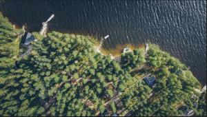 an aerial view of a forested island in the water at Accommodation and Fishing Vonkale in Äänekoski