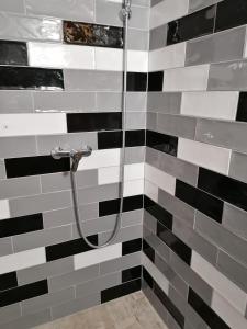 a shower with black and white tiles in a bathroom at Apartmán se zahradou pro dvě osoby v turisticky oblíbené lokalitě in Weisswasser in Böhmen