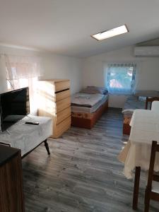 een kamer met 3 bedden in een kamer met houten vloeren bij Apartmán se zahradou pro dvě osoby v turisticky oblíbené lokalitě in Weisswasser in Böhmen