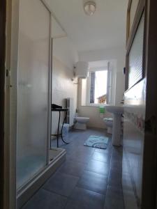 HOTEL FIORE & Fiocchi في Podenzano: حمام مع دش ومغسلة ومرحاض