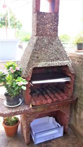 an outdoor pizza oven with two potted plants at Apartment Modric in Senj