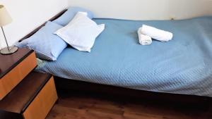 uma cama azul com duas almofadas e uma mesa de cabeceira em Apartment Modric em Senj