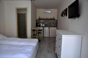 1 dormitorio con 1 cama y cocina con escritorio en River Apartment, en Makó