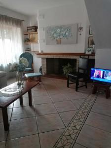 sala de estar con chimenea y TV en Casa vacanze Bau Mela, en Villanova Strisaili
