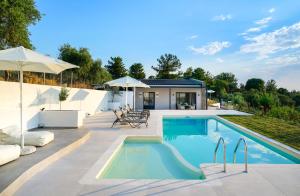 a swimming pool with a patio and a house at Videre Luxury Suites in Potos