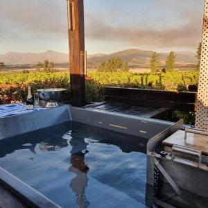 a pool of water with a view of a vineyard at Bakenhof Winelands Lodge in Paarl