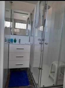 ein Badezimmer mit einer Dusche und einem blauen Teppich in der Unterkunft studio for rent in torremolinos -Málaga for vacations studio alquiler para vacationes, studio te huur voor vacantie Calle Río Mesa 5 in Torremolinos