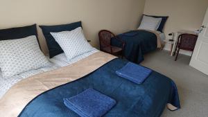 1 dormitorio con 2 camas con sábanas y almohadas azules en Cichy zakątek, en Odense