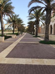a cobblestone street with palm trees and a building at B-LBAIT KAEC Honeymoon Style for family in King Abdullah Economic City