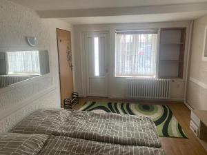 een slaapkamer met 2 bedden en een deur en ramen bij Malý byt 1+1 in Karlsbad