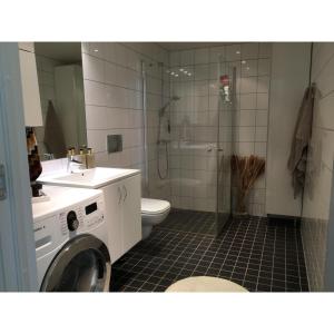 y baño con lavamanos y lavadora. en Koselig leilighet med balkong og sjøutsikt. en Grimstad