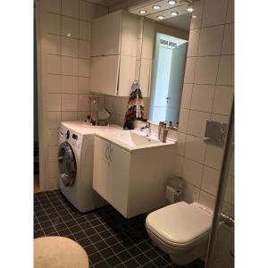 y baño con aseo, lavabo y lavadora. en Koselig leilighet med balkong og sjøutsikt. en Grimstad