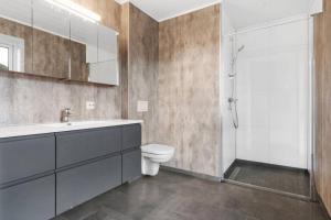 a bathroom with a sink and a toilet and a shower at Gjermundsøya Brygge in Ballstad +27 photos