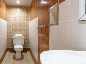 a bathroom with a toilet and a shower at Hotel Vista Alegre in Mexico City