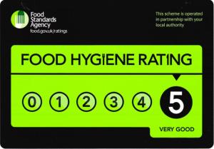 a green sign with the words food hygiene rating at Upper Eyton Farmhouse B&B in Shrewsbury