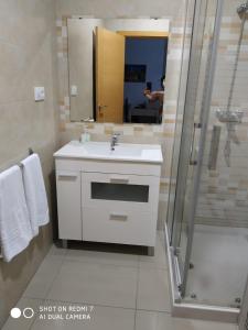 a bathroom with a sink and a shower and a mirror at Apartamentos La Bodega in La Zarza