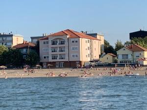 Eine Gruppe von Menschen an einem Strand in der Nähe des Wassers in der Unterkunft Danubiana Apartments 7-8 in Kladovo