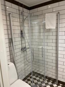ein Bad mit einer Glasdusche und einem WC in der Unterkunft Market place Jakobstad Pietarsaari 53m2 in Pietarsaari