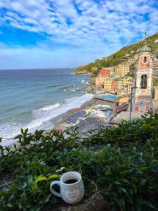 a cup of coffee sitting on a ledge next to the ocean at La Casa di Milly in Sori