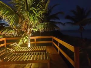a wooden bench next to a palm tree on the beach at Residencial Lagoa da Praia in Alcobaça