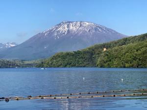 a mountain in the background of a lake with ducks at Petit Hotel Kazekozou in Shinano
