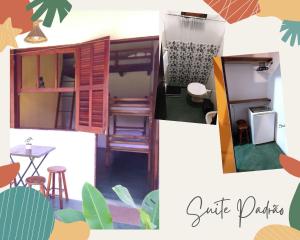 uma colagem de fotos de uma cozinha e um quarto em Chalé das Princesas em Ilhabela