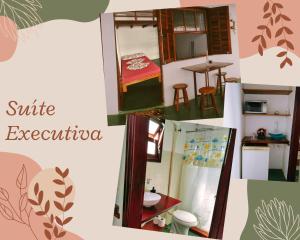 a collage of photos of a kitchen and a bathroom at Chalé das Princesas in Ilhabela