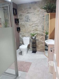 a stone bathroom with a toilet and a sink at Cobbles cottage - 2 bedroom stone built cottage in Ballynahinch