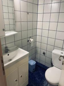 uma casa de banho com um WC branco e um lavatório. em Feel free em PalaiónTsiflíkion