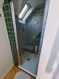 a shower with a glass door in a bathroom at Gîte de La Tronchoyse entre vins et nature in Tronchoy +20 photos