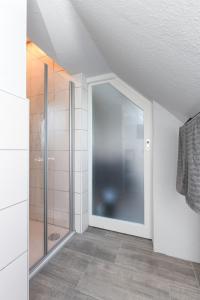 a bathroom with a shower and a glass door at Ferienwohnung Abendrot im Haus Auszeit Crusoh in Schweindorf
