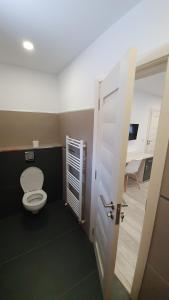 ein Bad mit einem weißen WC in einem Zimmer in der Unterkunft Marcos Apartments Victoriei - self check-in in Reşiţa