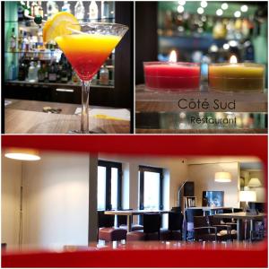 a collage of two pictures of a drink in a restaurant at Hotel du Casino in Saint-Valery-en-Caux