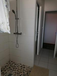 a shower in a bathroom with a tile floor at Notre campagne provençale in Avignon