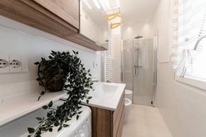ein Badezimmer mit einem Waschbecken und einer Pflanze auf einer Theke in der Unterkunft NUOVO LOFT al MARE con PARCHEGGIO GRATUITO in Misano Adriatico
