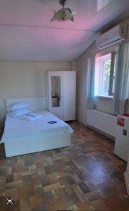 1 dormitorio con cama blanca y ventilador de techo en Casa Ala en Cahul
