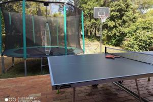 una mesa de ping pong con una red y un aro de baloncesto en Gîte avec piscine et climatisation, en Buzignargues