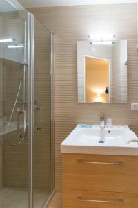 ein Bad mit einem Waschbecken, einer Dusche und einem Spiegel in der Unterkunft Hôtel Capfun Le Saint Germain, Paris in Paris