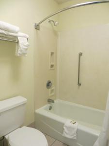 a bathroom with a white toilet and a bath tub at Baymont Inn & Suites by Wyndham Florence in Florence