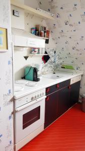 a kitchen with a white stove and a red floor at Ferienwohnung Kochel mit Wallbox in Gifhorn