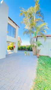 a house with a palm tree next to a driveway at House of Sollys Guesthouse in Manamane