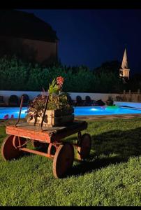 una carretilla con una maceta en la hierba en la maison porte bonheur, en Chantelle