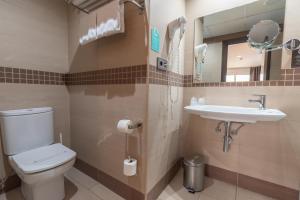 a bathroom with a toilet a sink and a mirror at Hotel Alda Zaragoza Independencia in Zaragoza