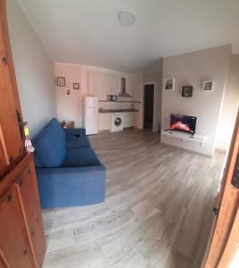 アルヌエロにあるApartamentos San Juanの青いソファと暖炉のあるリビングルーム